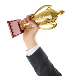 Photo of Man with golden trophy cup on white background, closeup