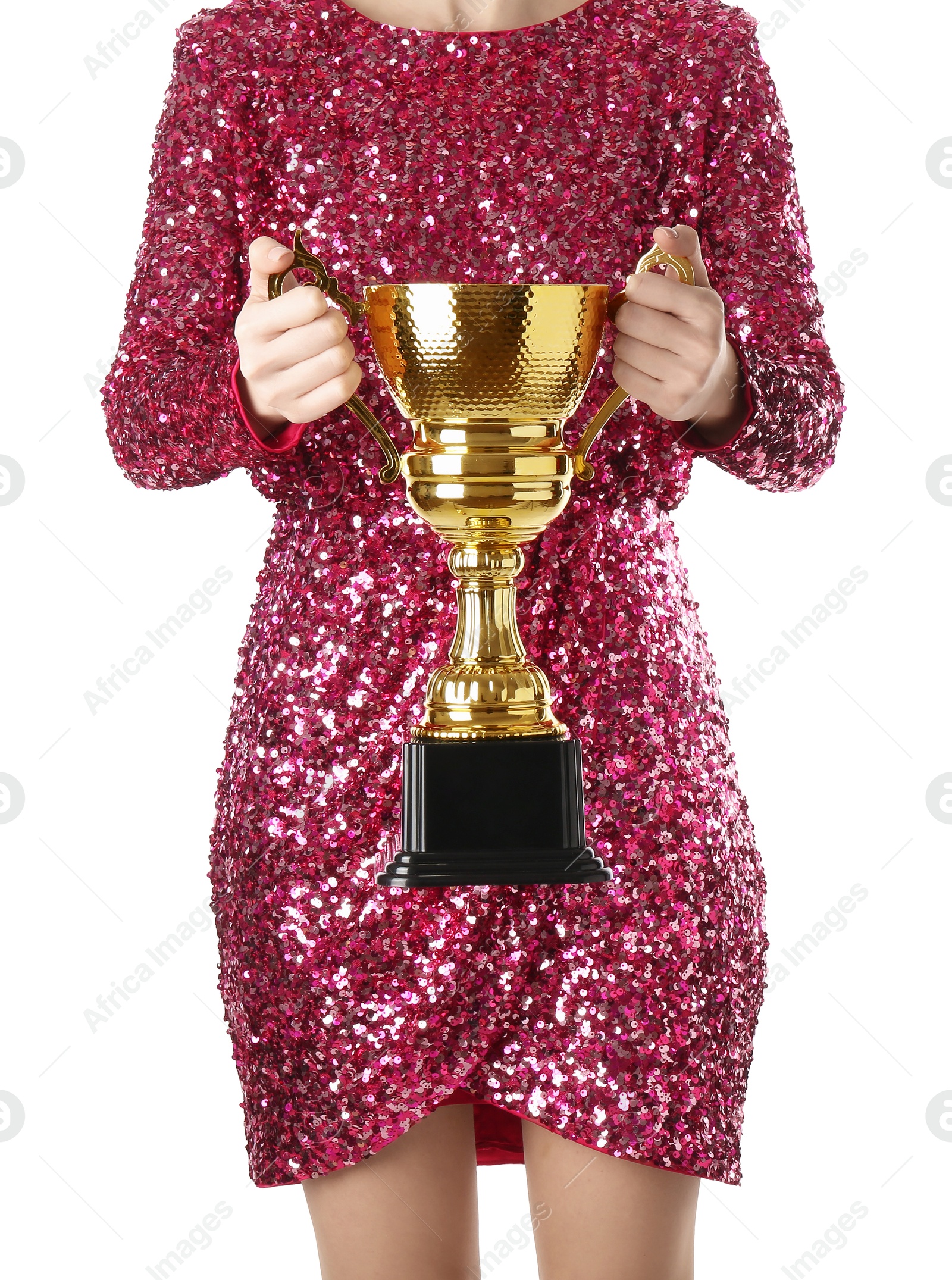 Photo of Woman with golden trophy cup on white background, closeup