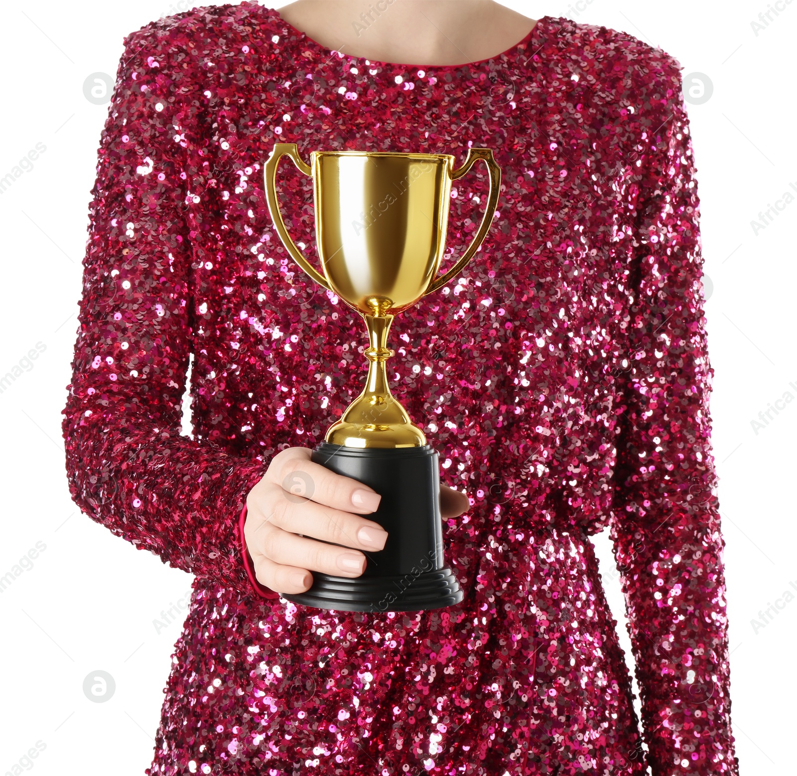 Photo of Woman with golden trophy cup on white background, closeup