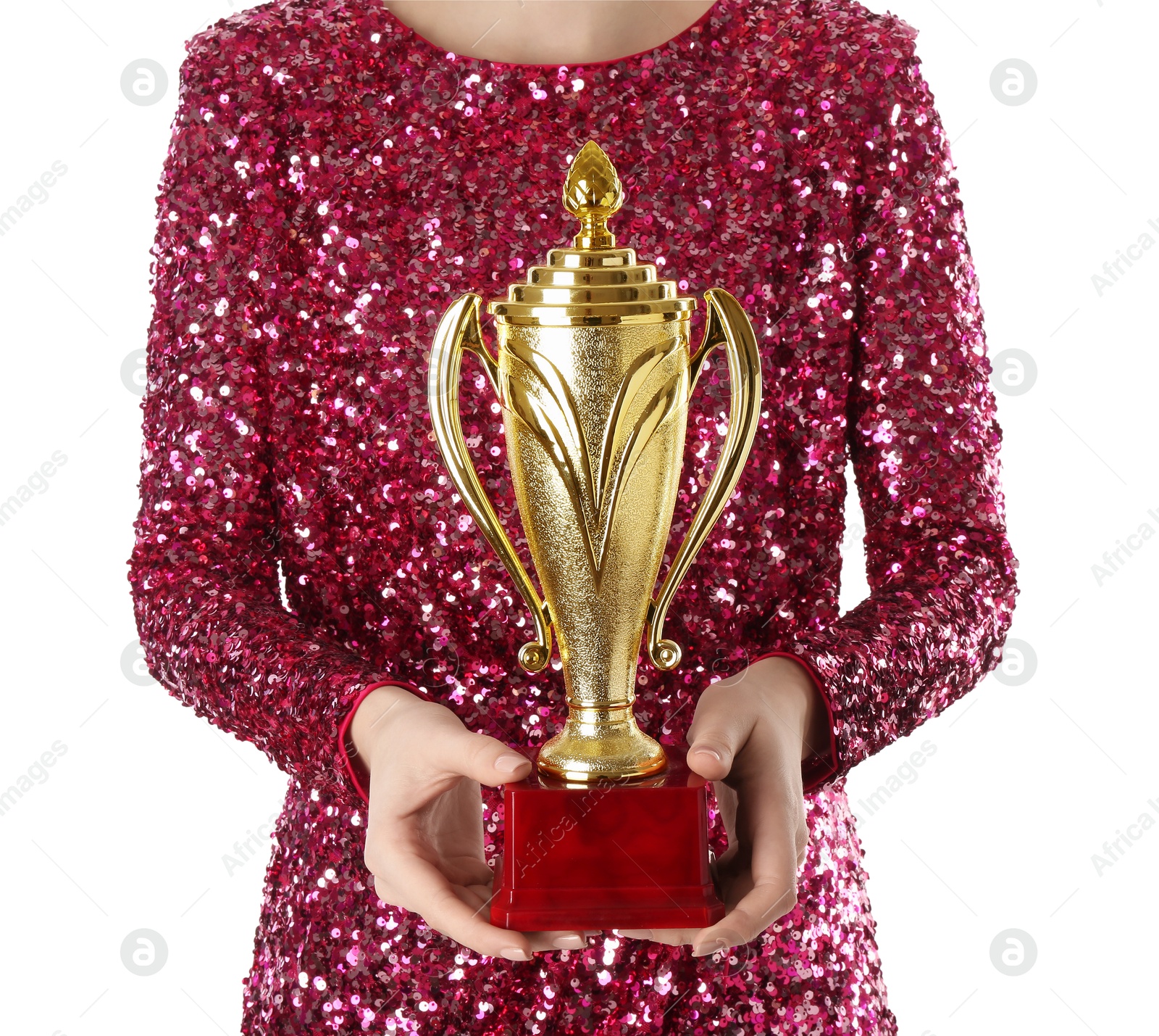 Photo of Woman with golden trophy cup on white background, closeup