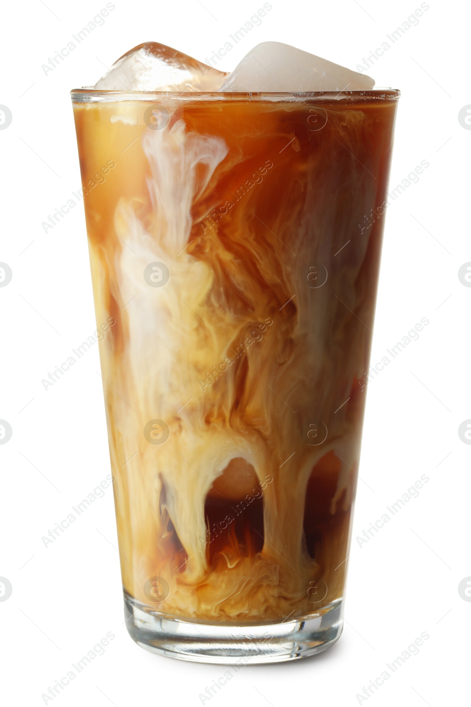 Photo of Refreshing iced coffee with milk in glass isolated on white