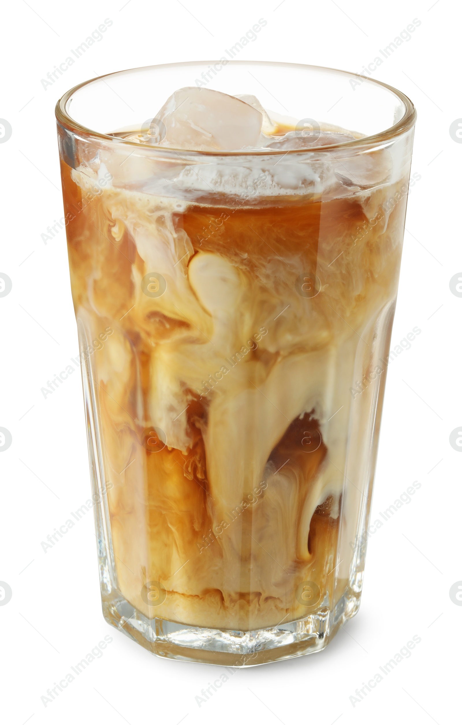 Photo of Refreshing iced coffee with milk in glass isolated on white