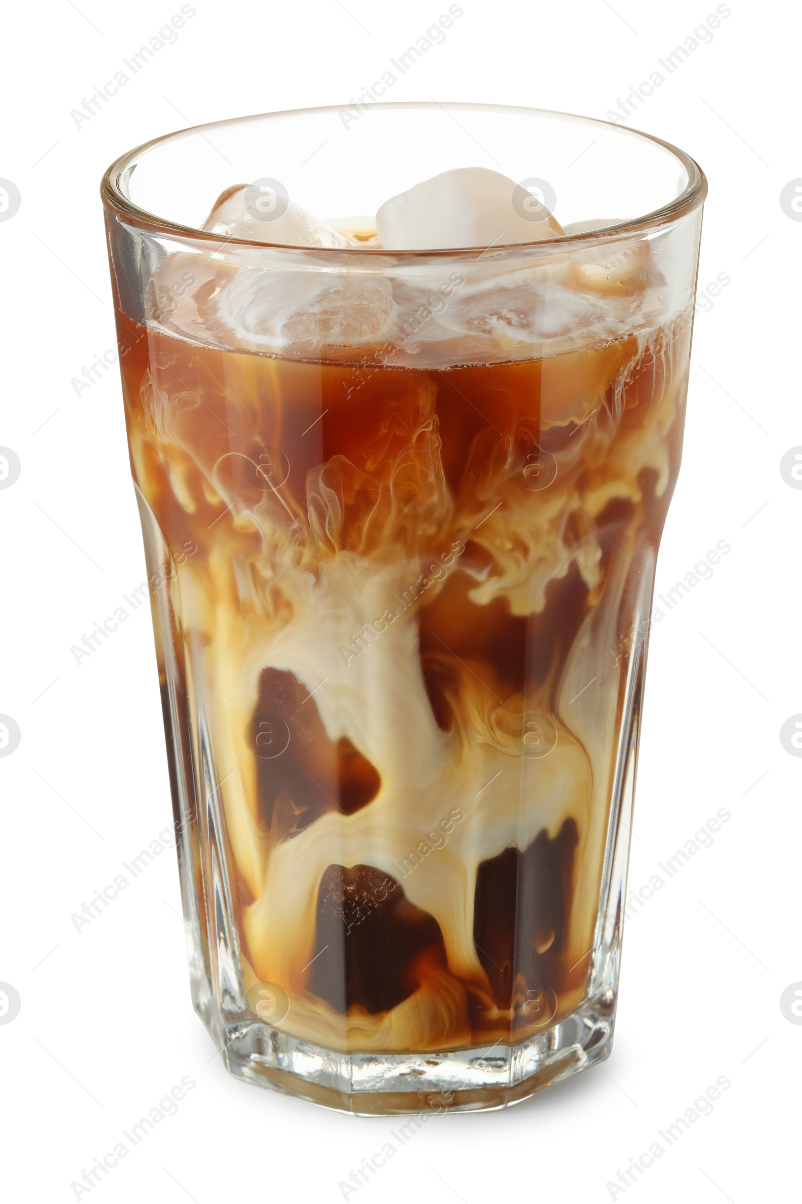 Photo of Refreshing iced coffee with milk in glass isolated on white