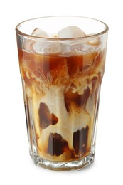 Refreshing iced coffee with milk in glass isolated on white