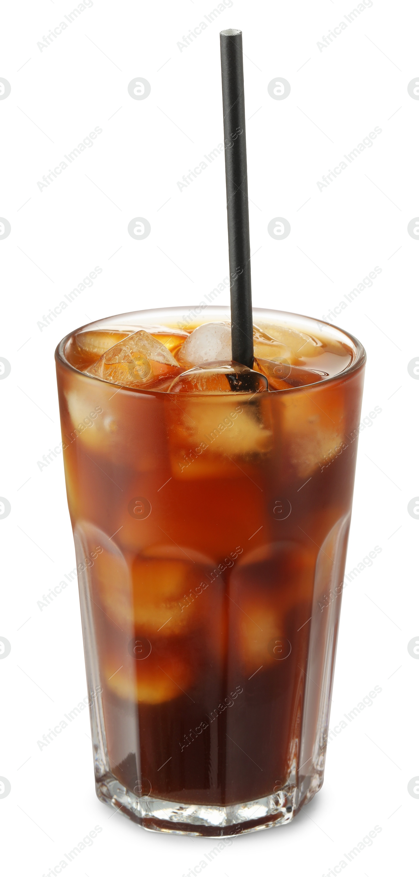 Photo of Refreshing iced coffee in glass isolated on white