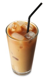 Photo of Refreshing iced coffee with milk in glass isolated on white