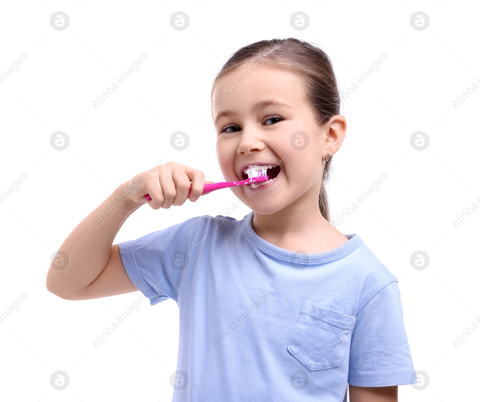 Photo of Cute girl brushing her teeth on white background