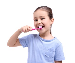 Photo of Cute girl brushing her teeth on white background