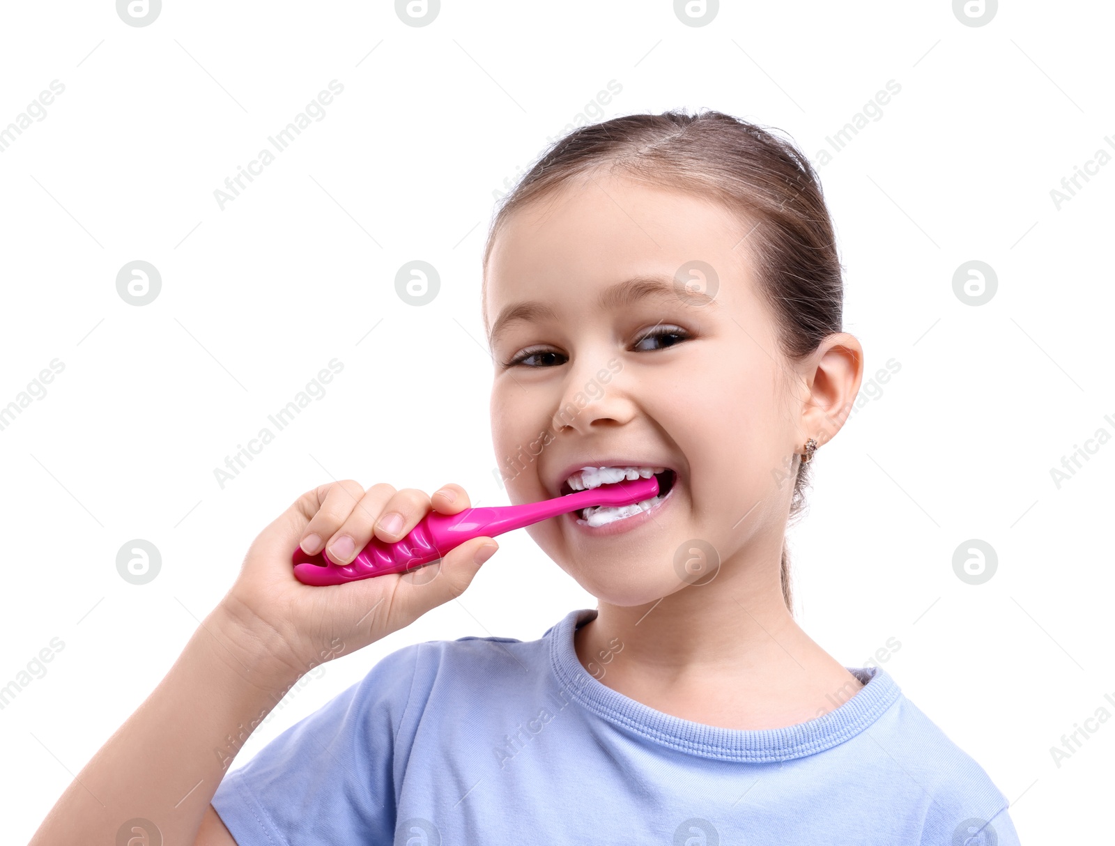 Photo of Cute girl brushing her teeth on white background