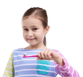 Photo of Cute girl with toothbrush on white background