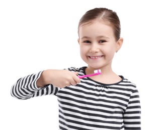 Photo of Cute girl with toothbrush on white background