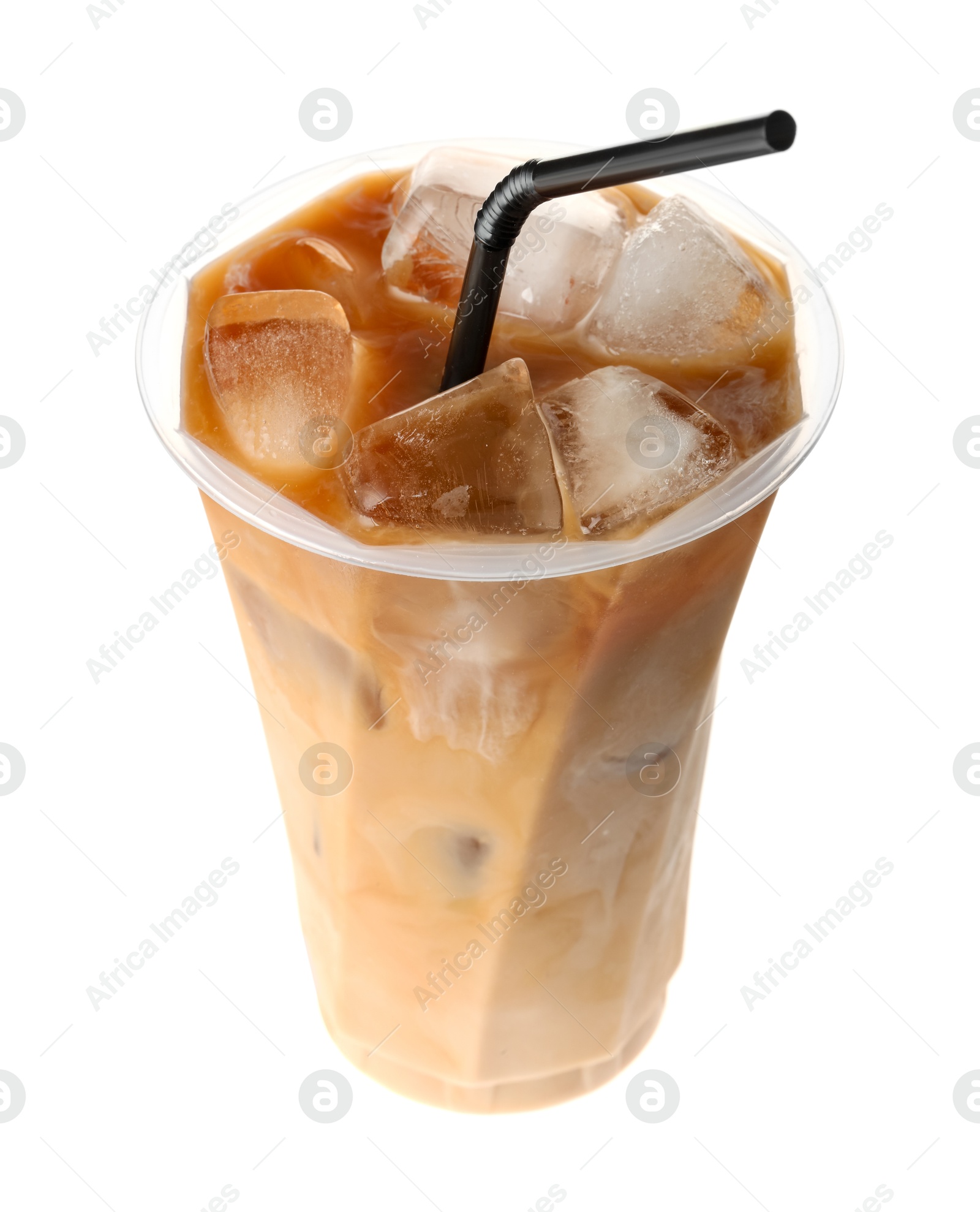 Photo of Refreshing iced coffee with milk in plastic cup isolated on white