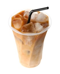 Photo of Refreshing iced coffee with milk in plastic cup isolated on white