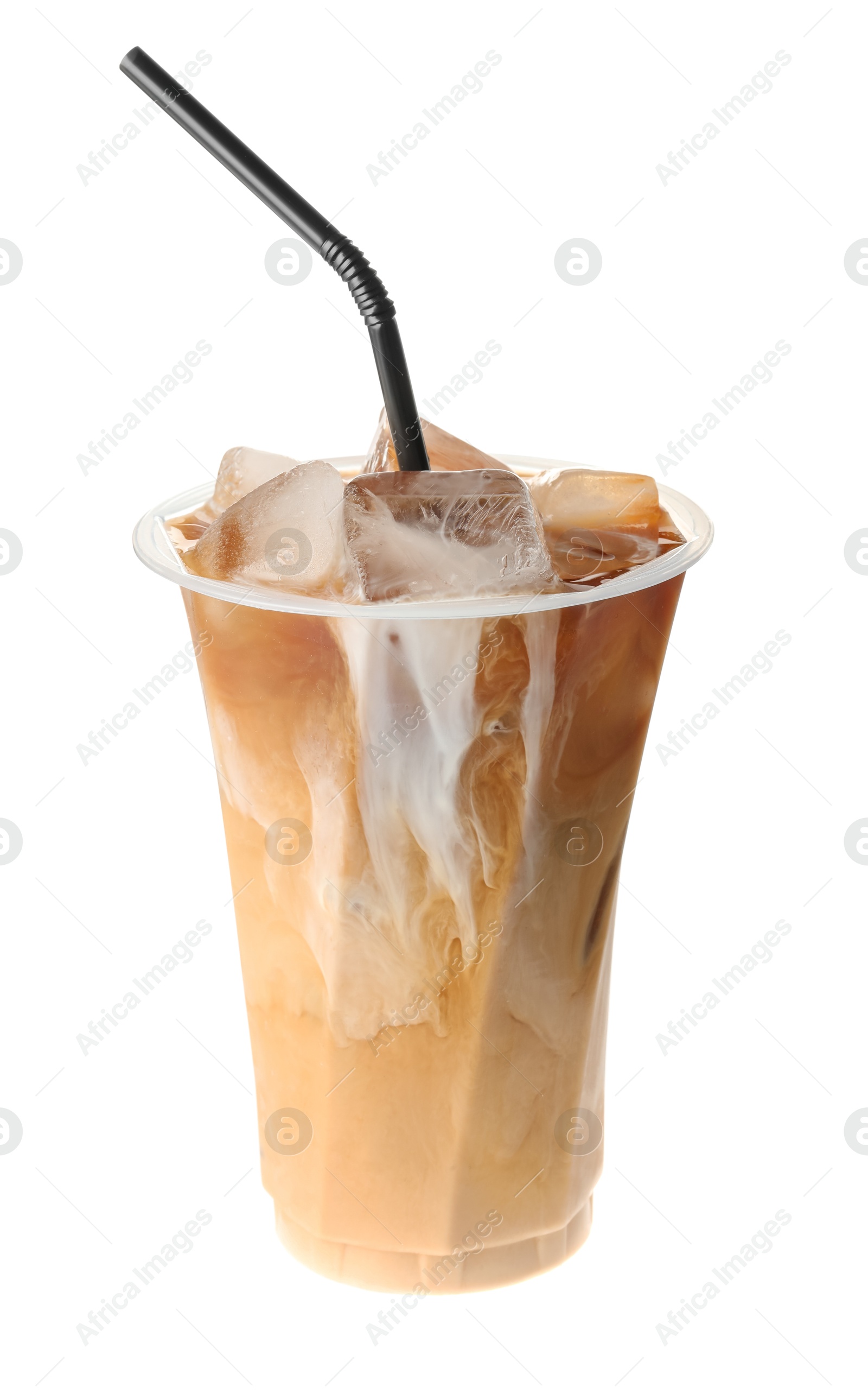 Photo of Refreshing iced coffee with milk in plastic cup isolated on white