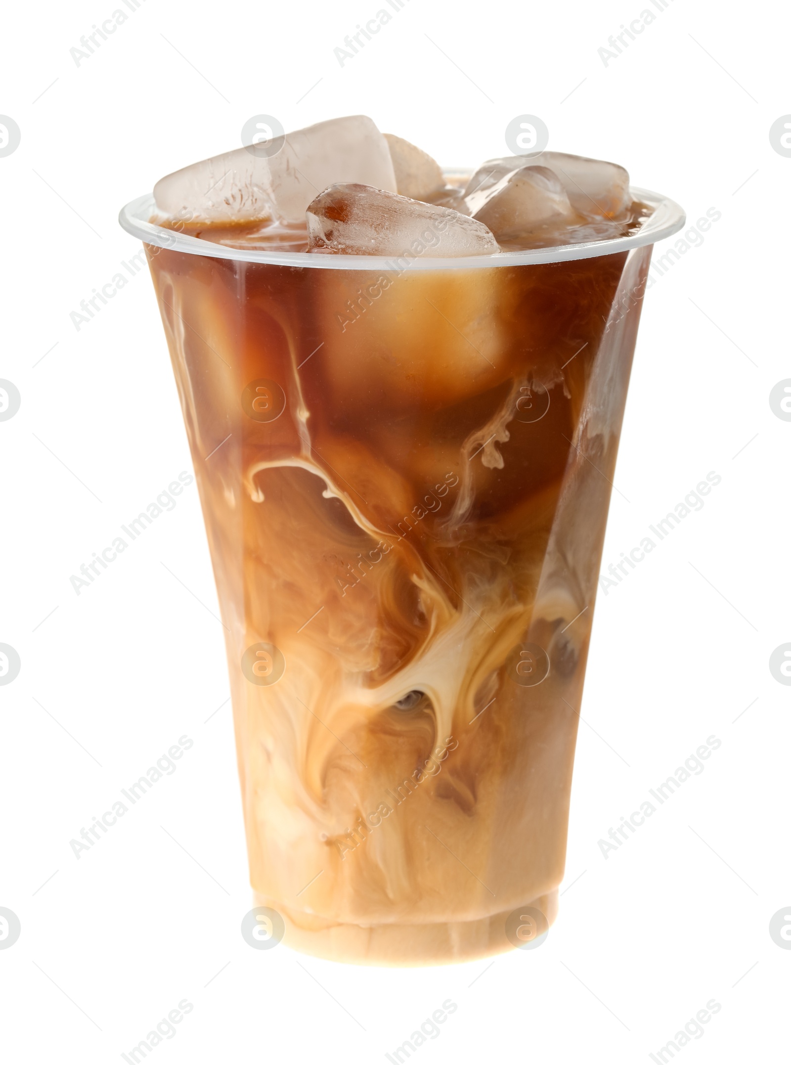 Photo of Refreshing iced coffee with milk in plastic cup isolated on white