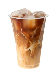 Refreshing iced coffee with milk in plastic cup isolated on white