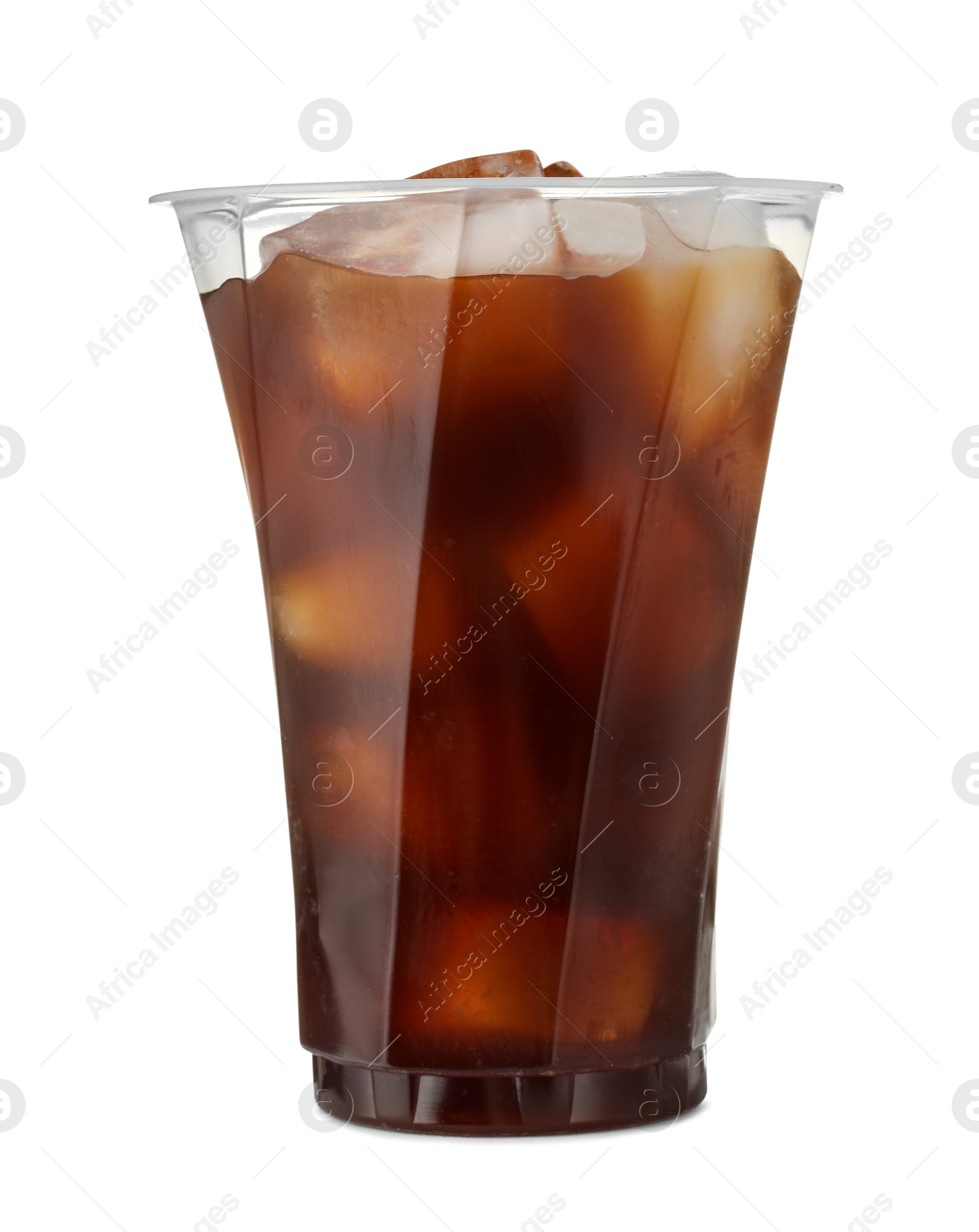 Photo of Refreshing iced coffee in plastic cup isolated on white