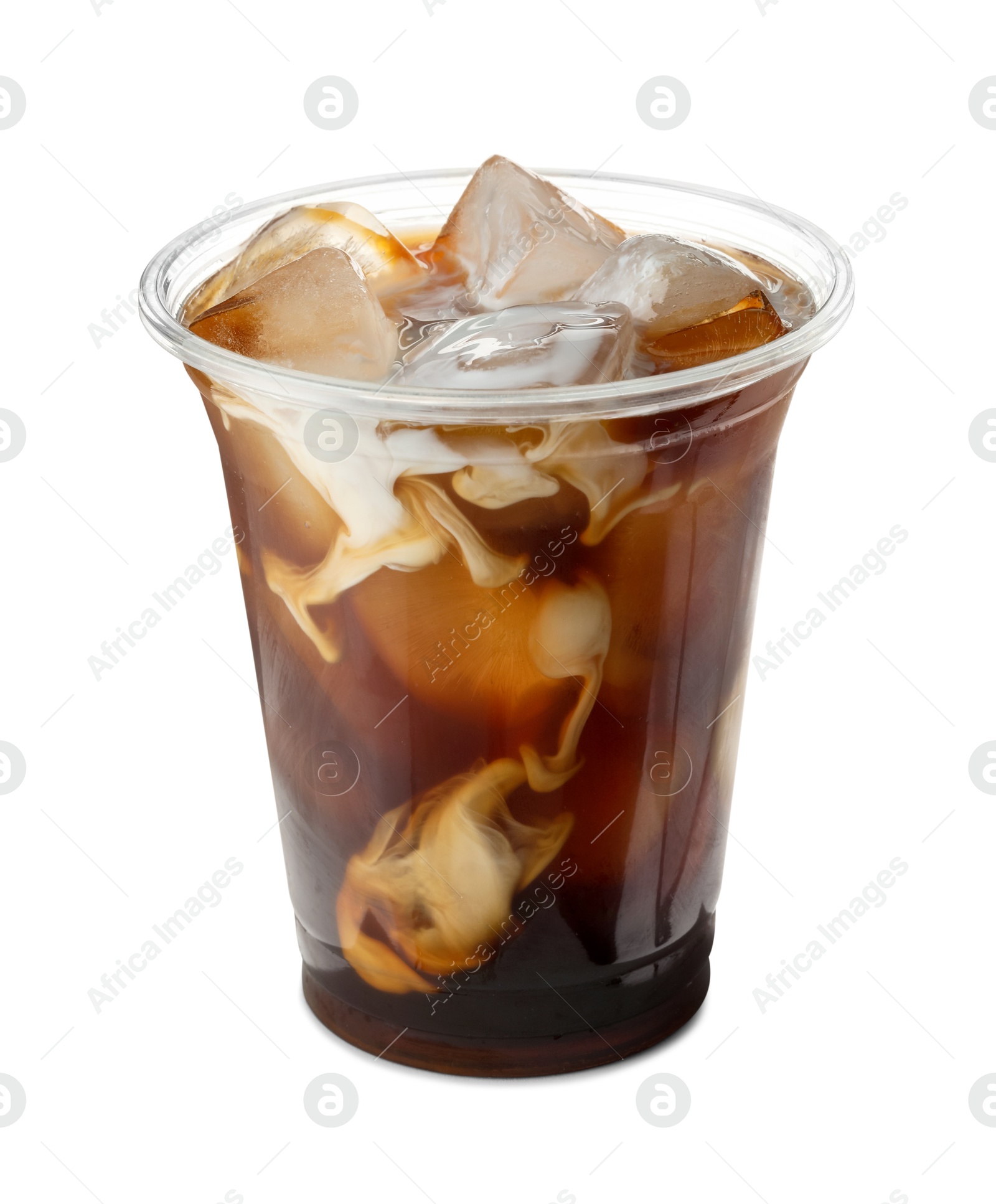 Photo of Refreshing iced coffee with milk in plastic cup isolated on white