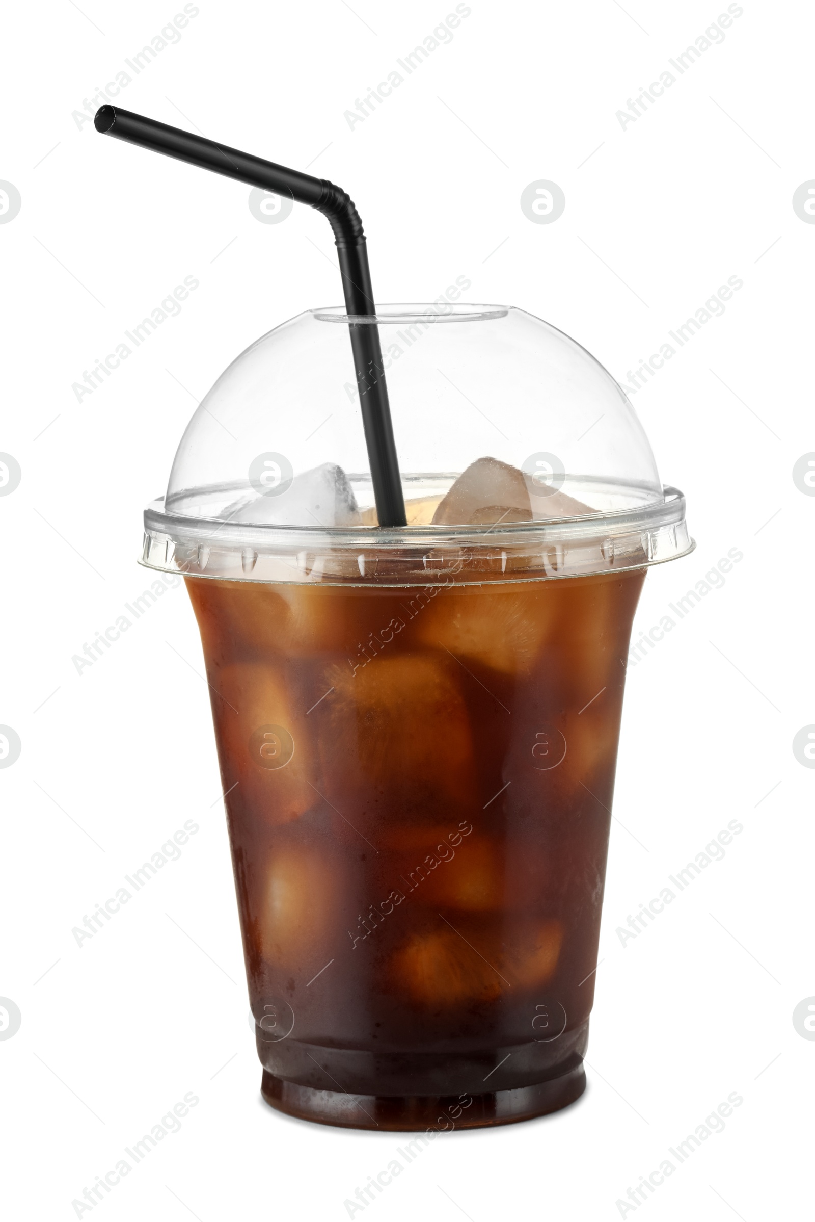 Photo of Refreshing iced coffee in plastic cup isolated on white