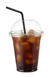 Photo of Refreshing iced coffee in plastic cup isolated on white