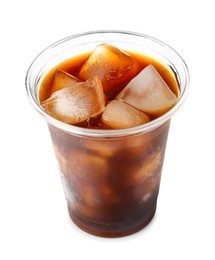 Photo of Refreshing iced coffee in plastic cup isolated on white