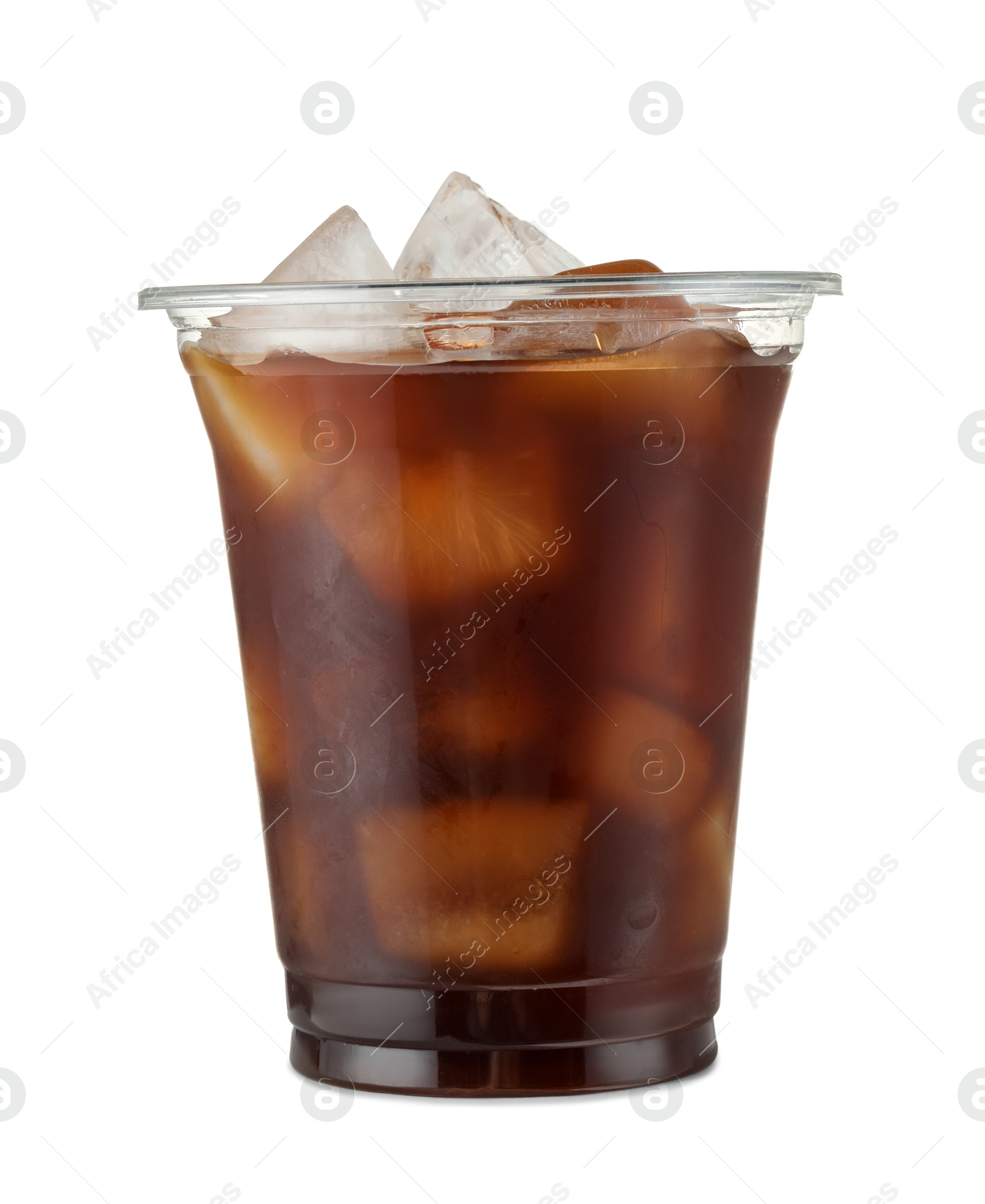 Photo of Refreshing iced coffee in plastic cup isolated on white