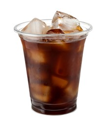 Photo of Refreshing iced coffee in plastic cup isolated on white