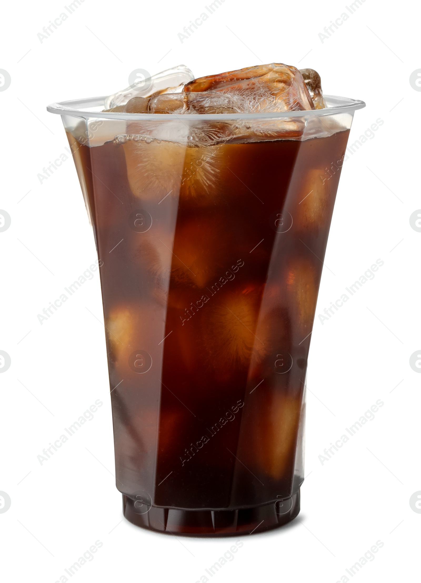 Photo of Refreshing iced coffee in plastic cup isolated on white