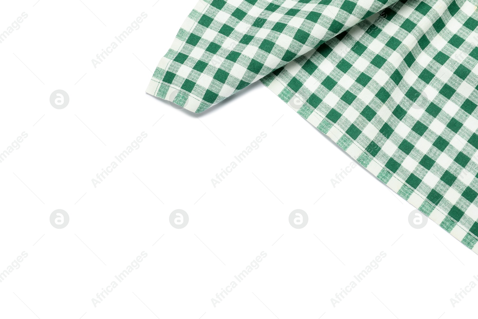 Photo of Green checkered tablecloth isolated on white, top view