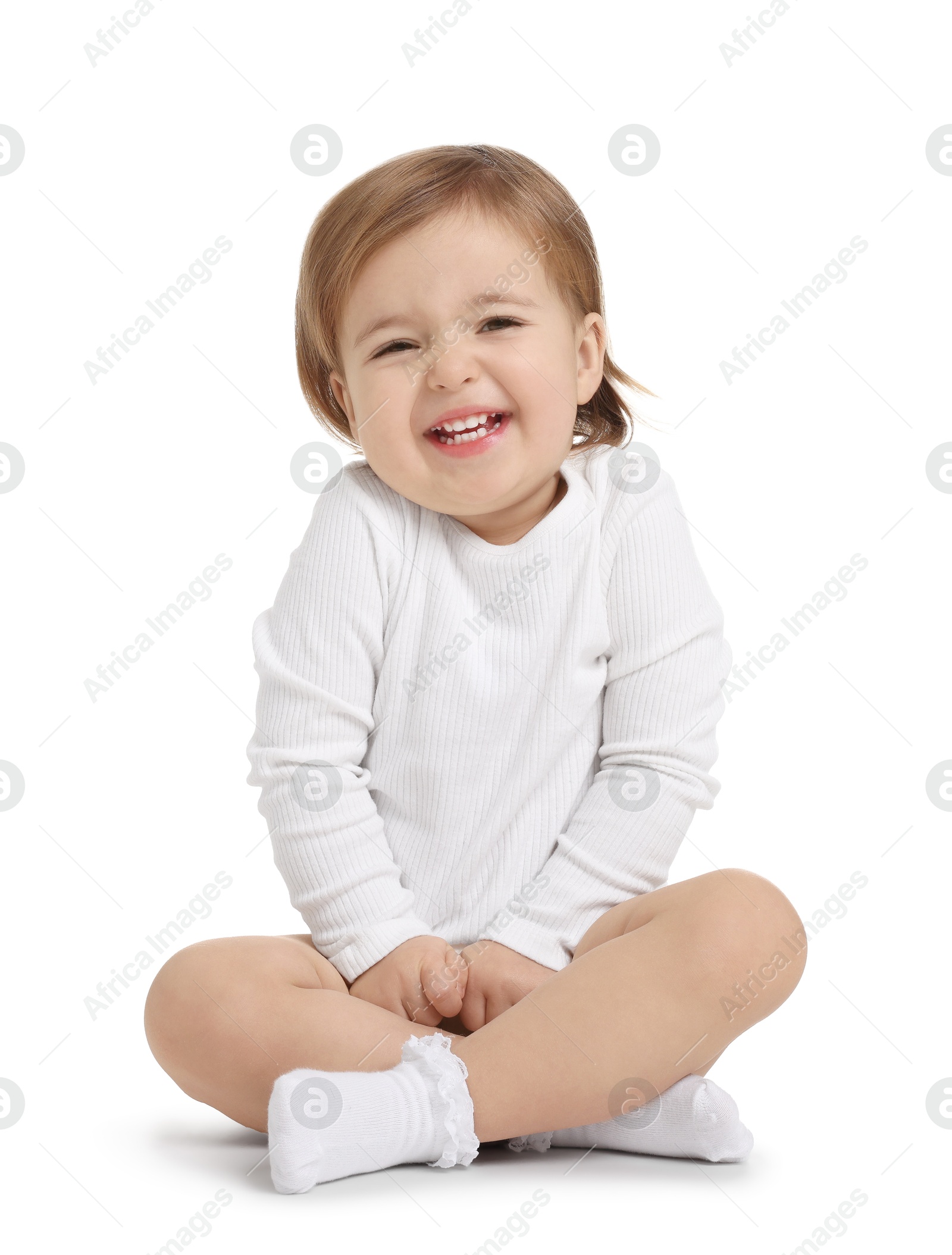 Photo of Cute funny baby girl on white background