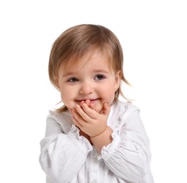 Photo of Cute little baby girl on white background