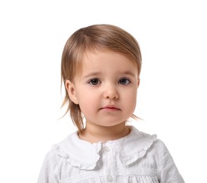 Photo of Cute little baby girl on white background