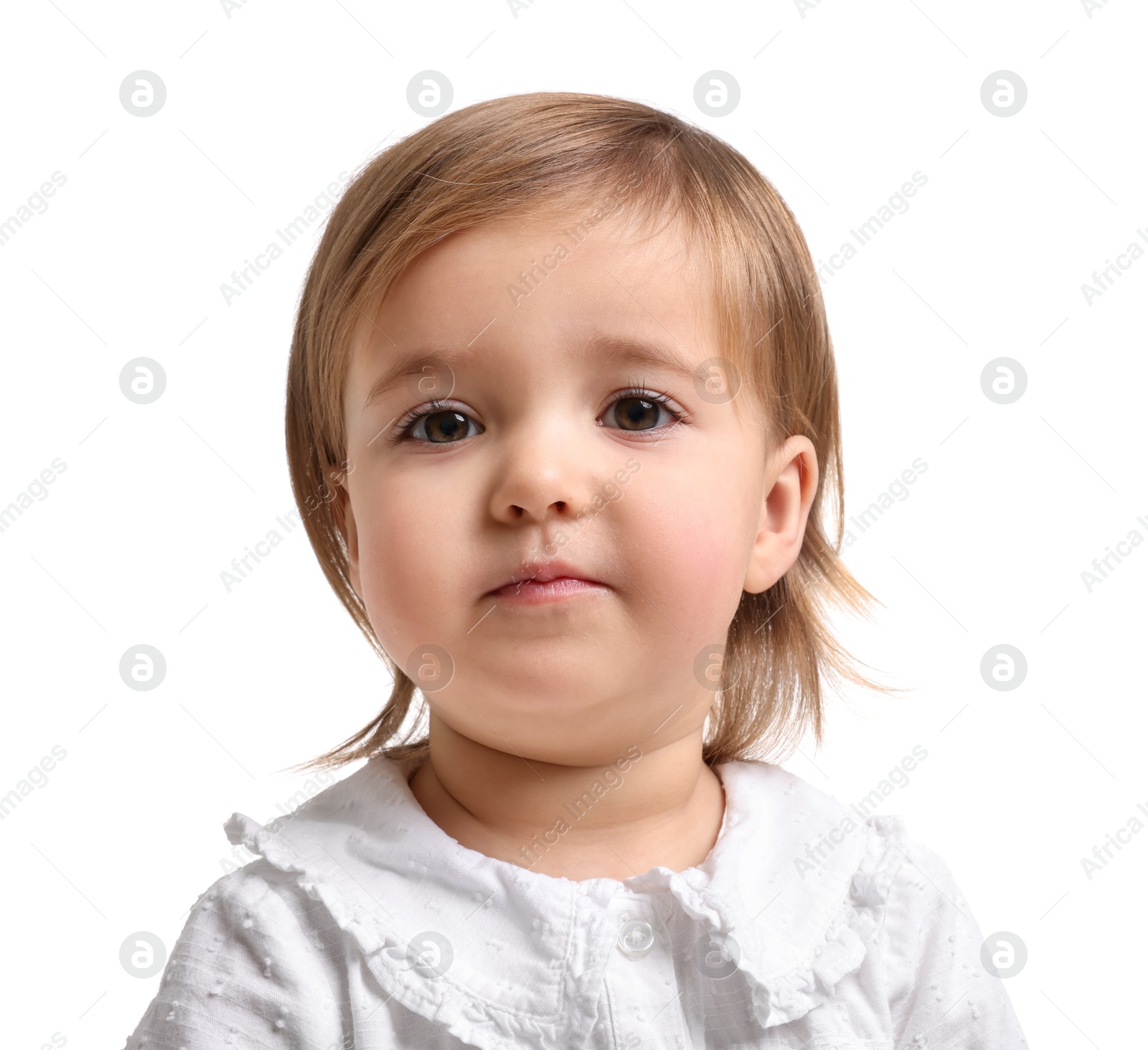 Photo of Cute little baby girl on white background