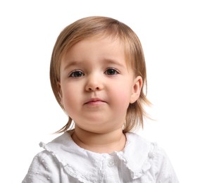 Photo of Cute little baby girl on white background