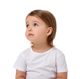 Photo of Cute little baby girl on white background