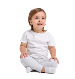 Photo of Cute little baby girl on white background