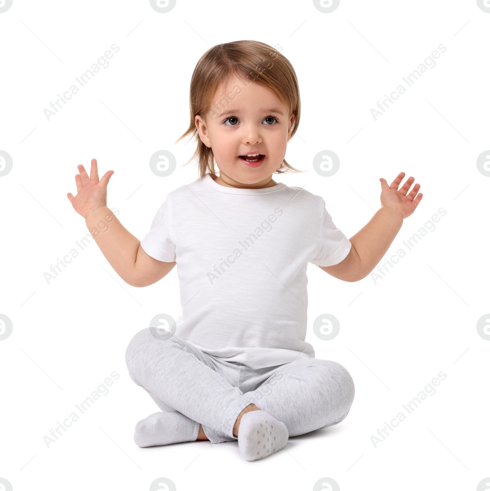 Photo of Cute little baby girl on white background