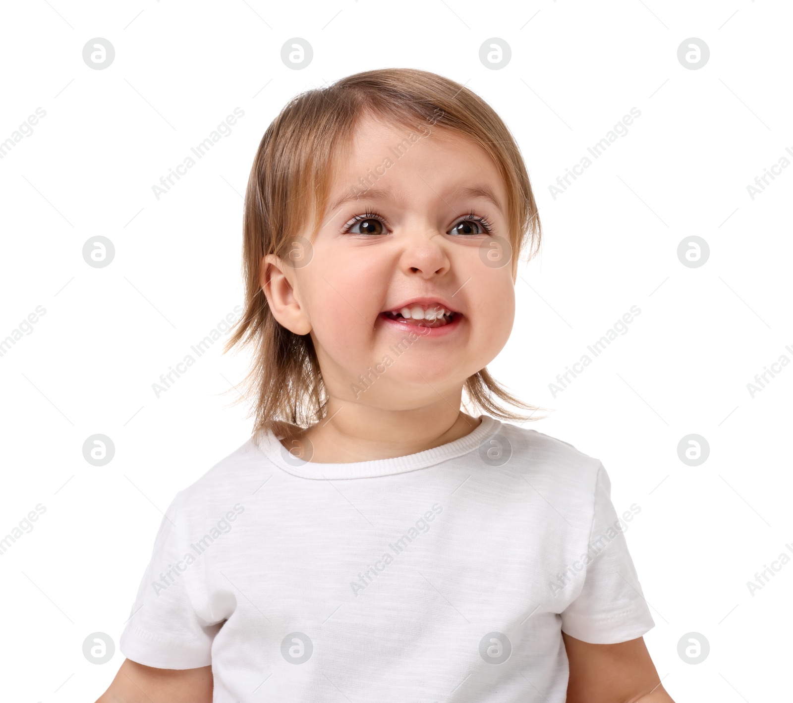 Photo of Cute little baby girl on white background