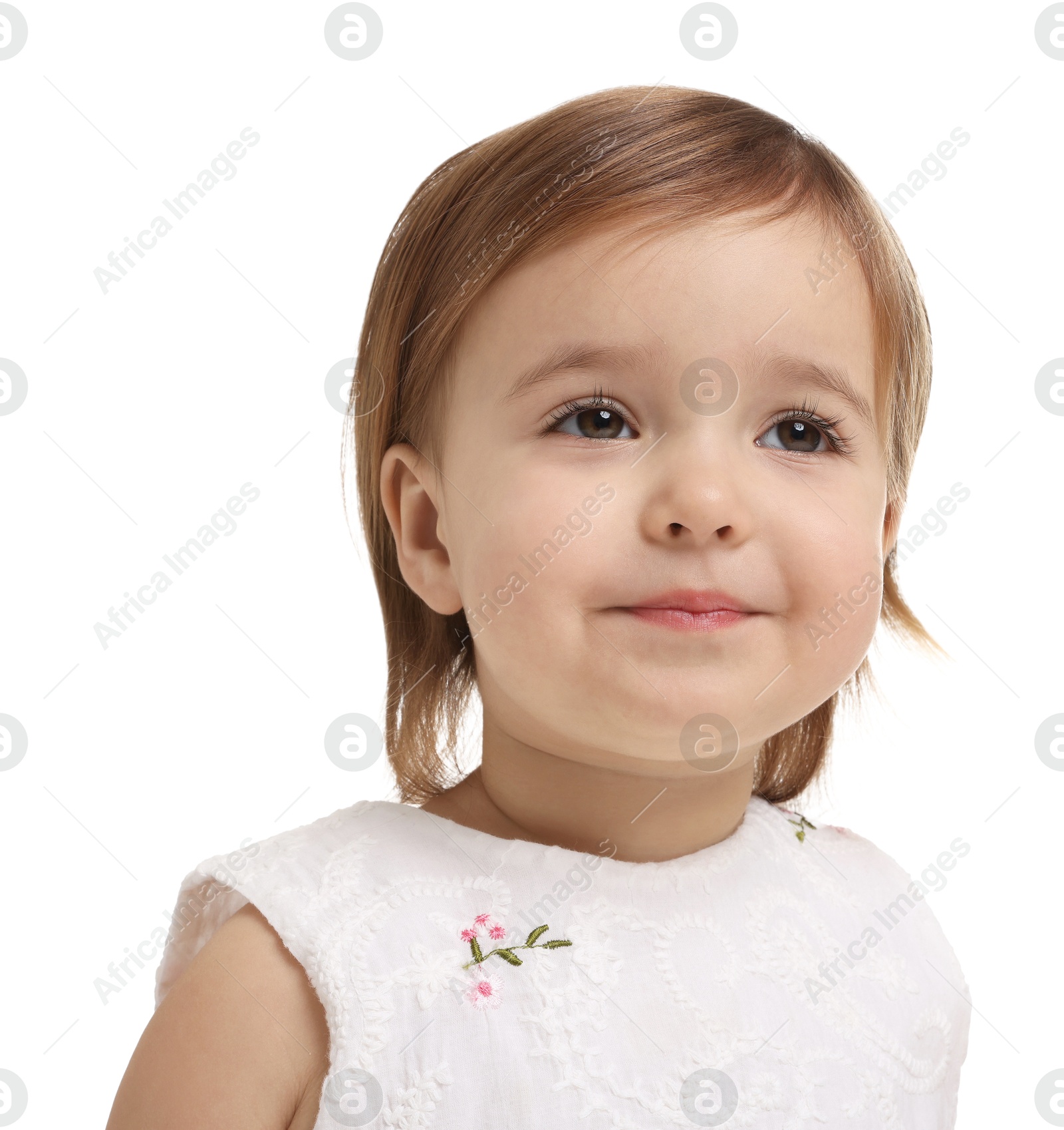 Photo of Cute little baby girl on white background