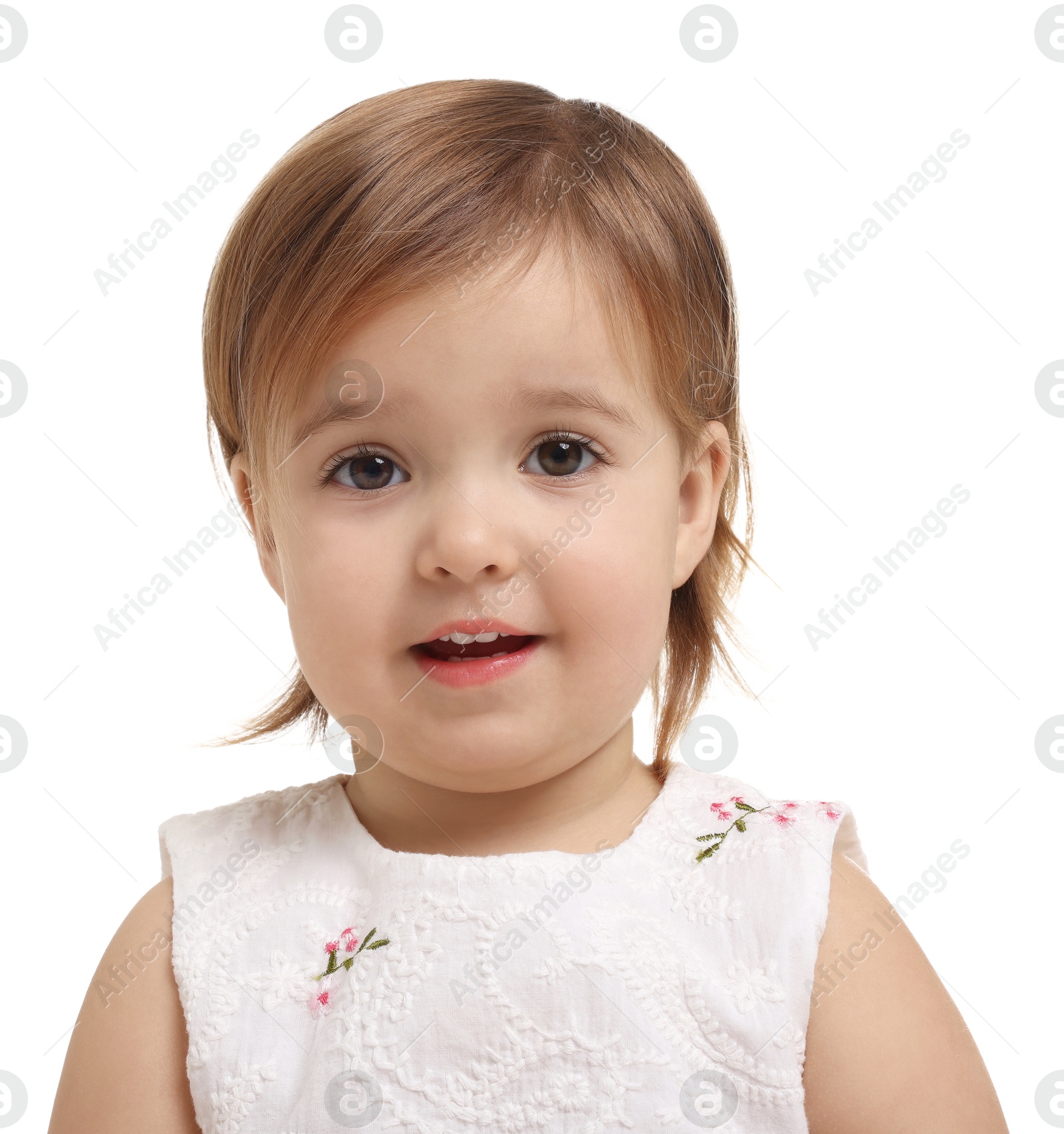 Photo of Cute little baby girl on white background