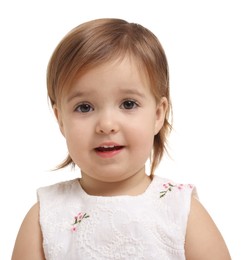 Photo of Cute little baby girl on white background