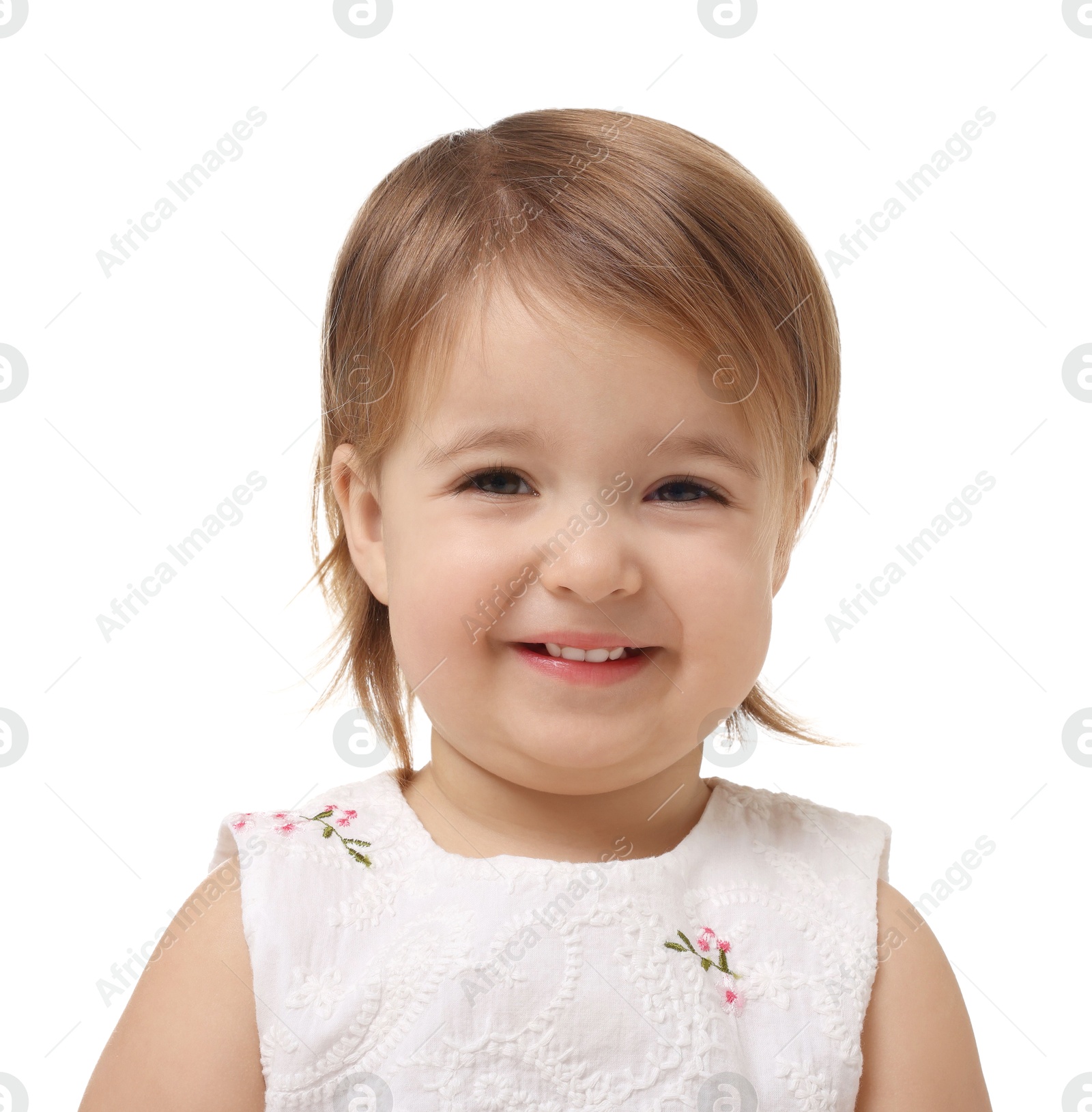 Photo of Cute little baby girl on white background