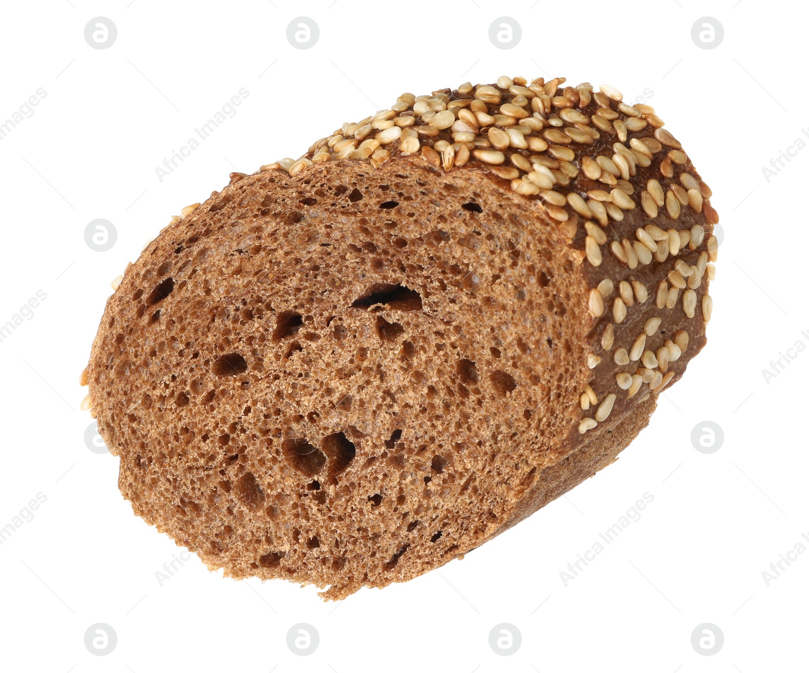 Photo of Piece of fresh baguette with sesame isolated on white