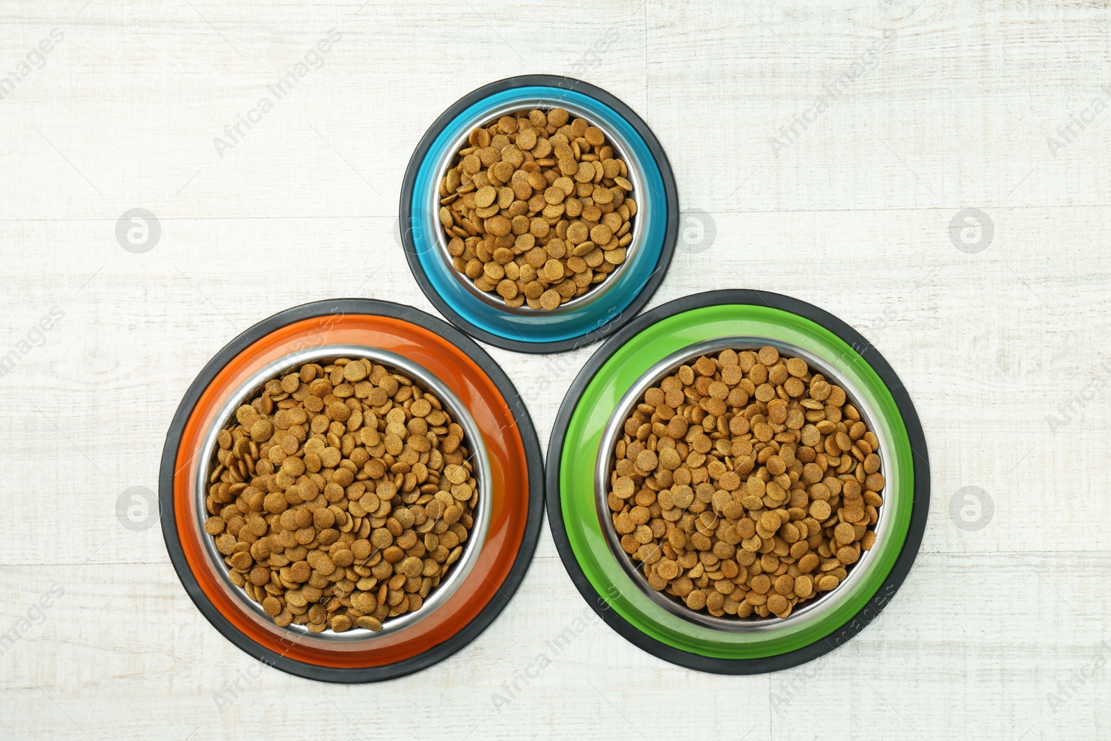 Photo of Dry pet food in feeding bowls on floor, flat lay