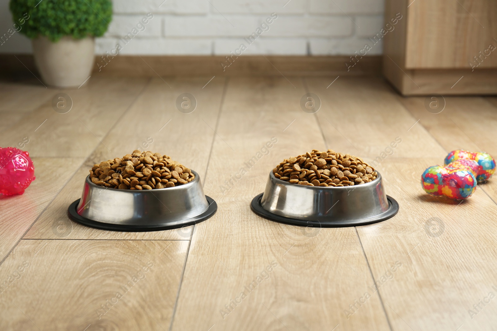 Photo of Dry pet food in feeding bowls and toys on floor indoors