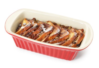 Photo of Freshly baked bread pudding in baking dish isolated on white