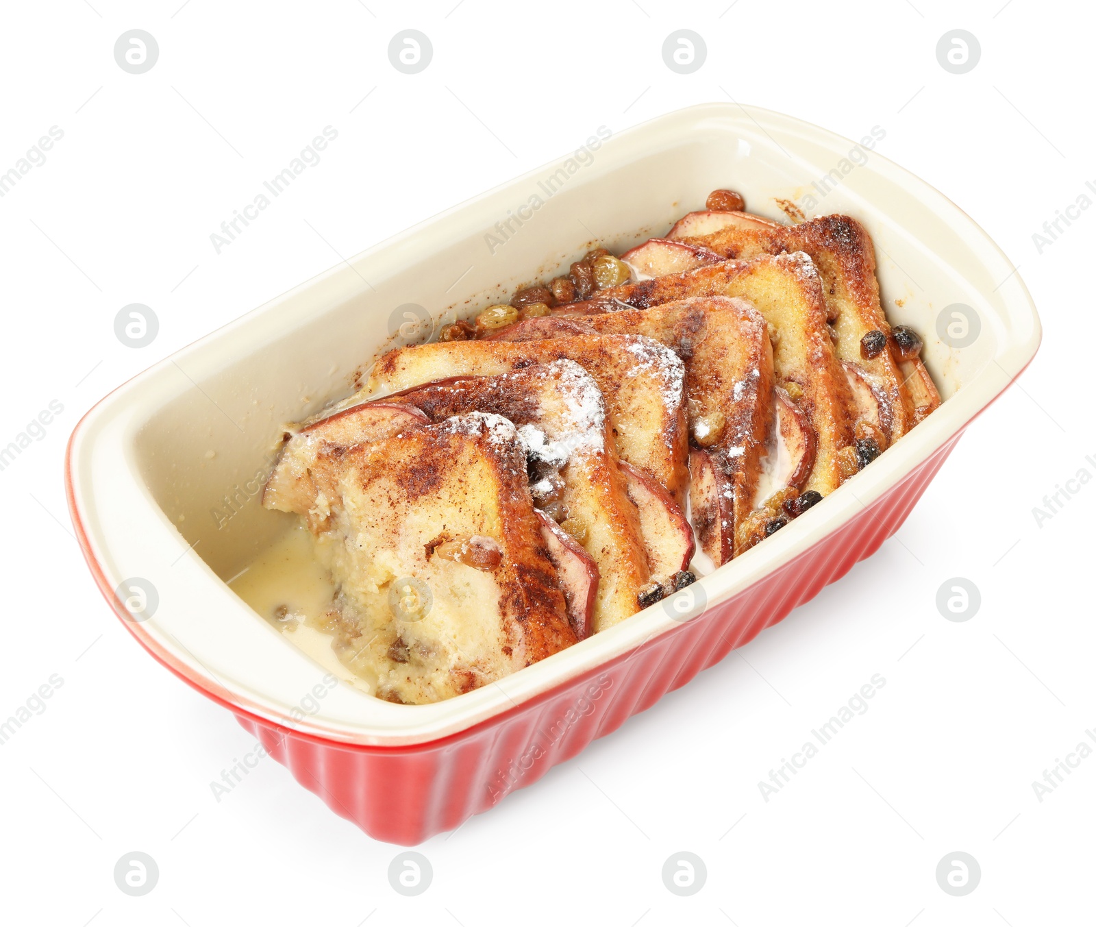 Photo of Freshly baked bread pudding in baking dish isolated on white