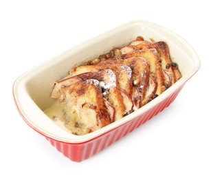 Photo of Freshly baked bread pudding in baking dish isolated on white