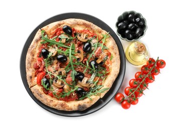 Photo of Tasty pizza with mushrooms, tomatoes, black olives and arugula isolated on white, top view