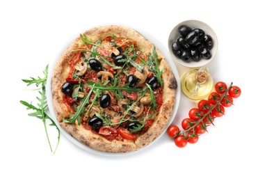 Photo of Tasty pizza with mushrooms, tomatoes, black olives and arugula isolated on white, top view